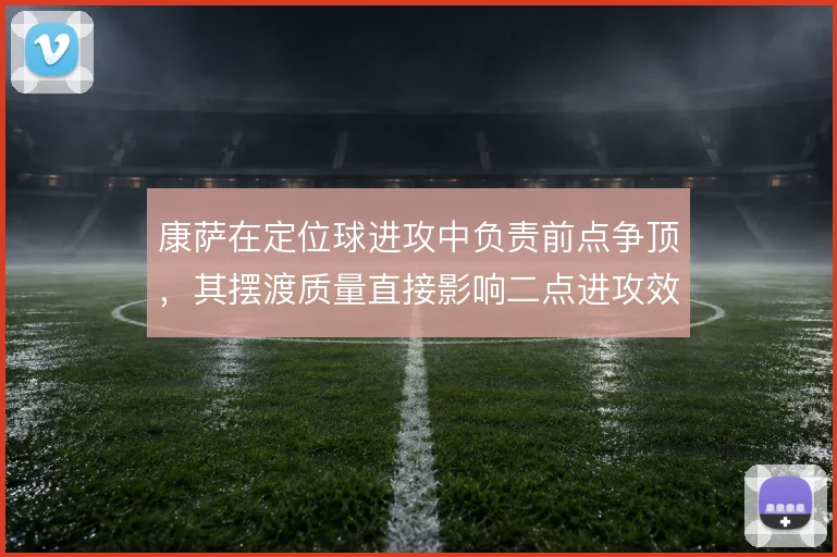 康萨在定位球进攻中负责前点争顶，其摆渡质量直接影响二点进攻效率